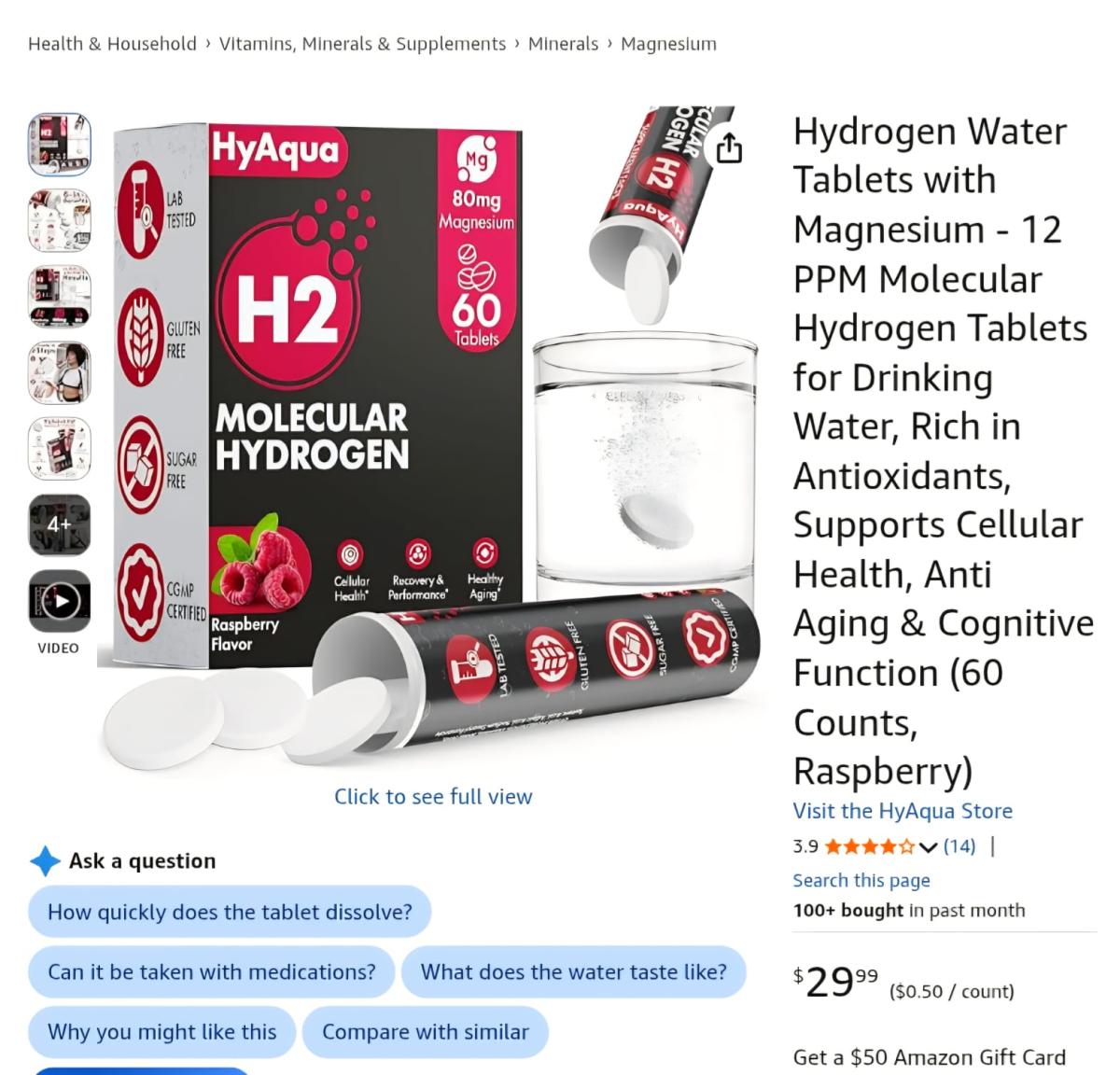 Hydrogen tablet for water